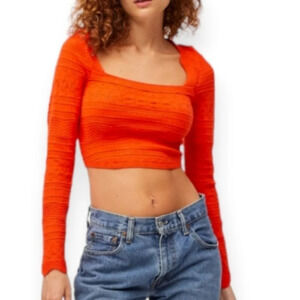 Urban Outfitters Square Neck Textured Knit Crop Sweater Red/Orange Large